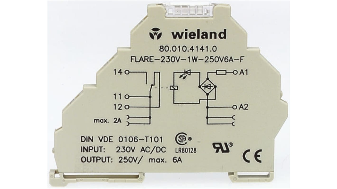 Modulo relè d'interfaccia Wieland, serie flare, 110V ca, contatti SPDT, montaggio su guida DIN, dimensioni 70 x 6,2 x 89mm.