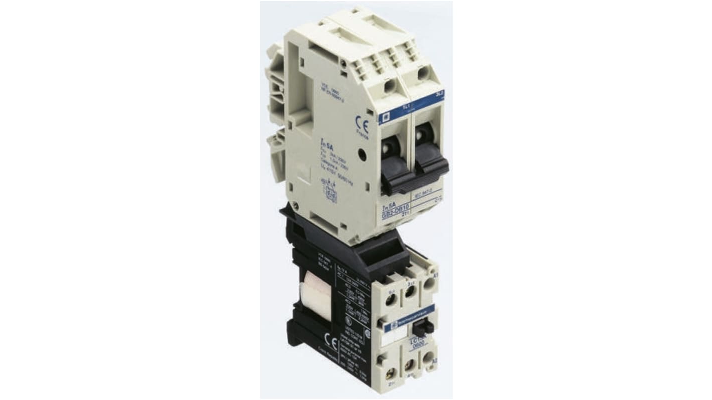 Avviatore DOL monofase Schneider Electric GB2DB12SKP7, tensione 415 V, montaggio su guida DIN, dimensioni 74x30x70 mm, grado di protezione IP20.