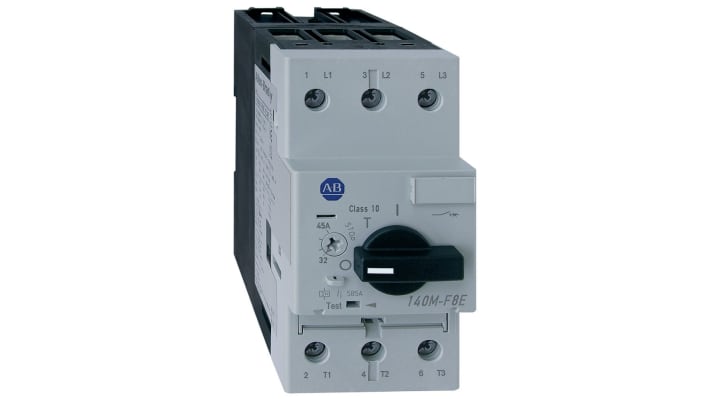 Interruttore automatico motore Allen Bradley 140M-F8E-C45, 32-45 A, montaggio su guida DIN, dimensioni 110x54x109.5 mm.