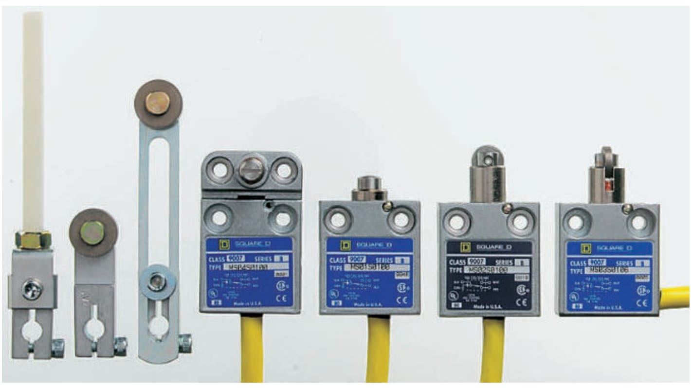 Interruttore di fine corsa Telemecanique Sensors 9007MS04S0200, leva NO/NC, IP67, 10A, 240V AC, dimensioni 63.25mm x 34.89mm.