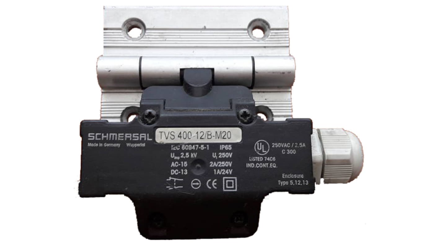 Interruttore di sicurezza a cerniera Schmersal TVS 400-12/B-M20, NA/2NC, montaggio semplice, resistenza all'olio, -25 a +65 gradi.