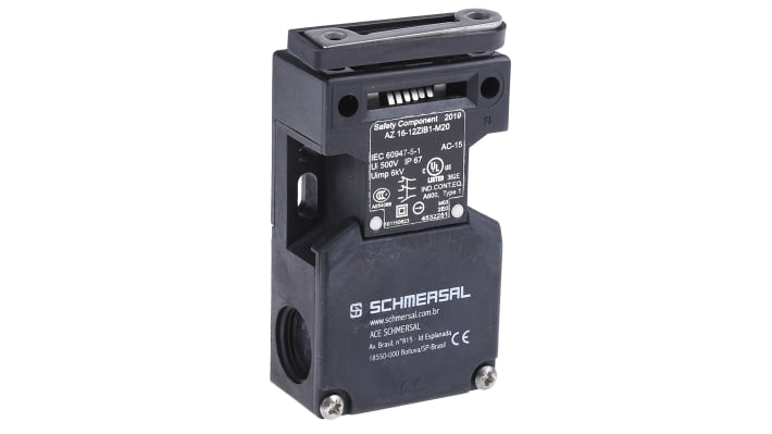 Interruttore di interblocco di sicurezza Schmersal AZ16-12ZI-B1-M20, con blocco a chiave, grado di protezione IP67, dimensioni 90mm x 52mm x 30mm.