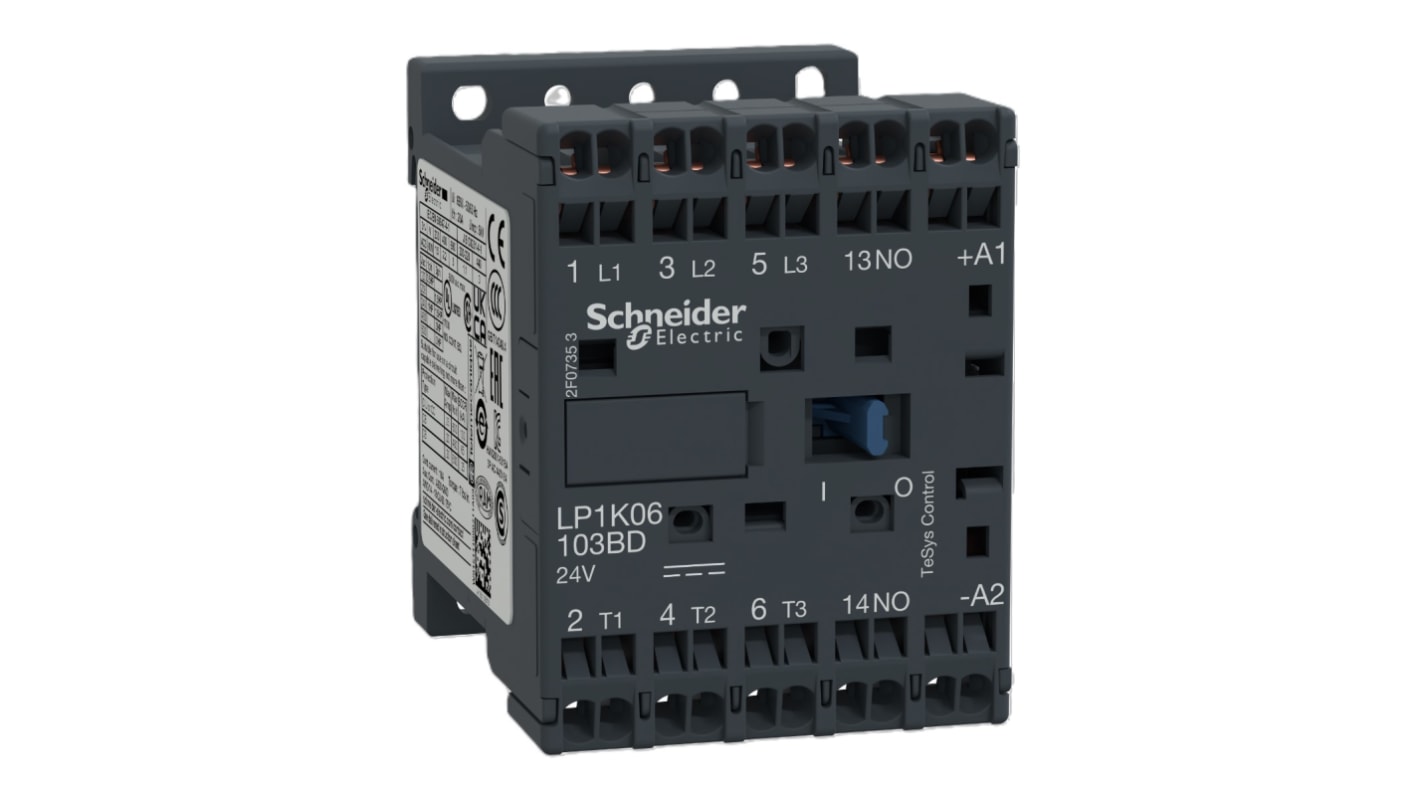 Contattore tripolare Schneider Electric LP1K06103BD, 3 poli, 6 A, 24 V c.c., montaggio su guida DIN, dimensioni 45x58x57 mm.