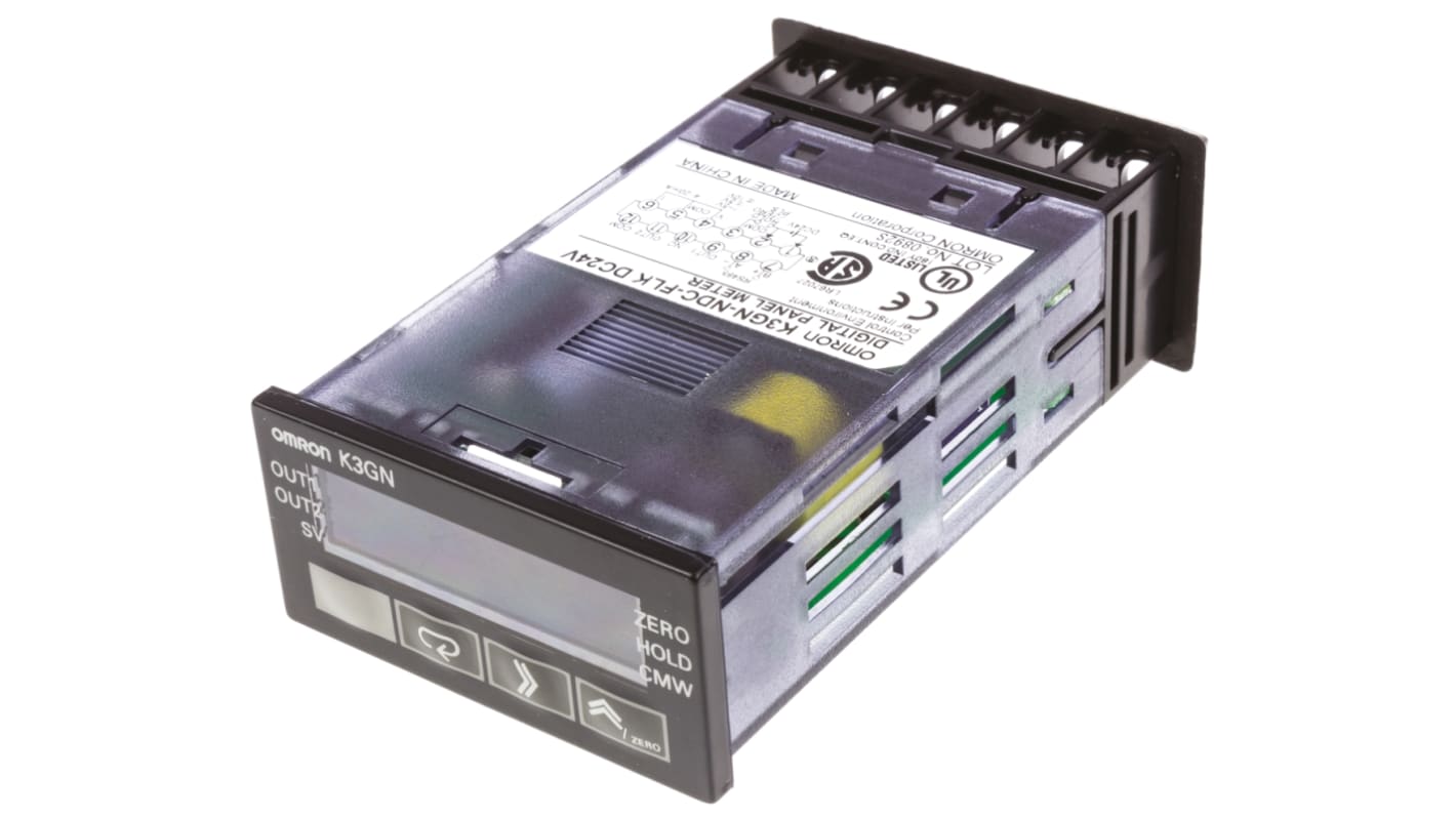 Omron K3GN-NDC-FLK 24 VDC, misuratore digitale da pannello con display LCD 5 cifre, ingressi analogici configurabili, dimensioni 24x48 mm.