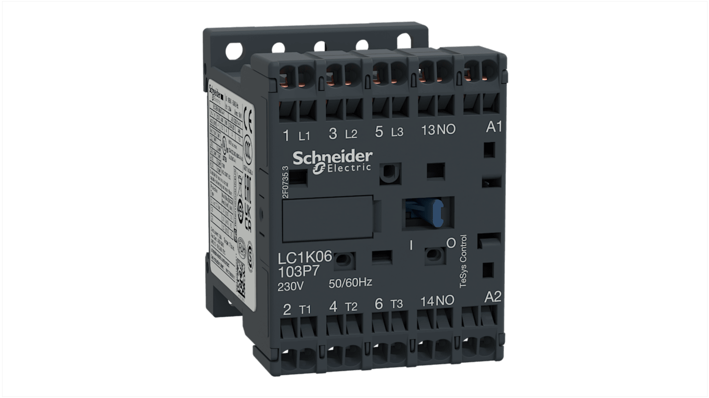 Contattore tripolare Schneider Electric LC1K06103P7, 20 A, 230 V c.a., montaggio su guida DIN, dimensioni 58x45x57 mm.