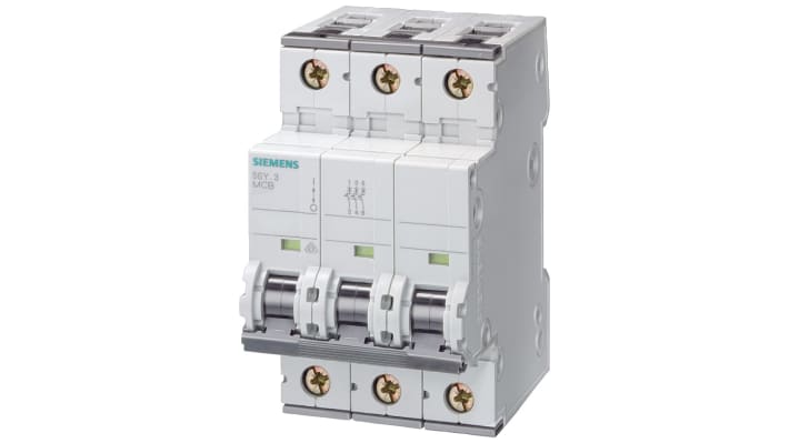 Interruttore magnetotermico Siemens 3P Tipo C, 16A, 10 kA, montaggio su guida DIN, dimensioni 90 x 54 x 76 mm.