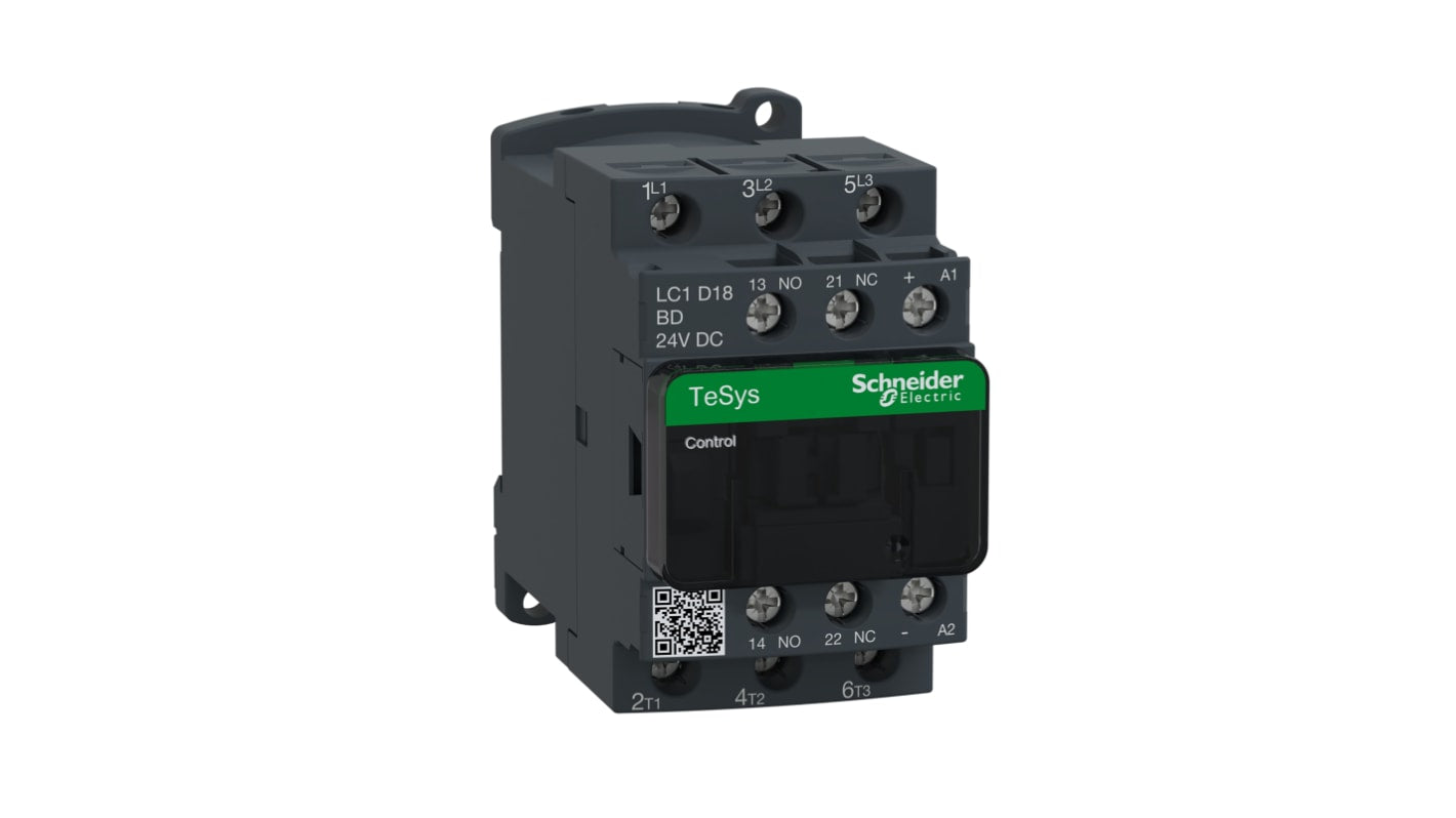 Contattore Schneider Electric LC1D18BD 3 poli 32A 7,5 kW 24V c.c. Resistente a sovratensioni, ideale per industria automazione e robotica.