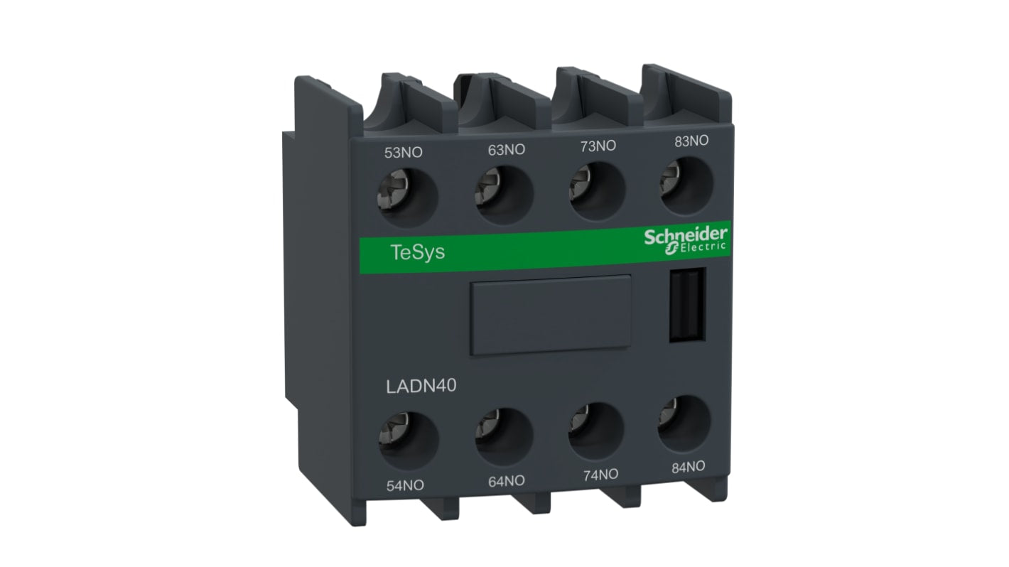 Blocco di contatti ausiliari Schneider Electric LADN40, 4NO, montaggio frontale, 10A. Ideale per contattori di inversione del motore.