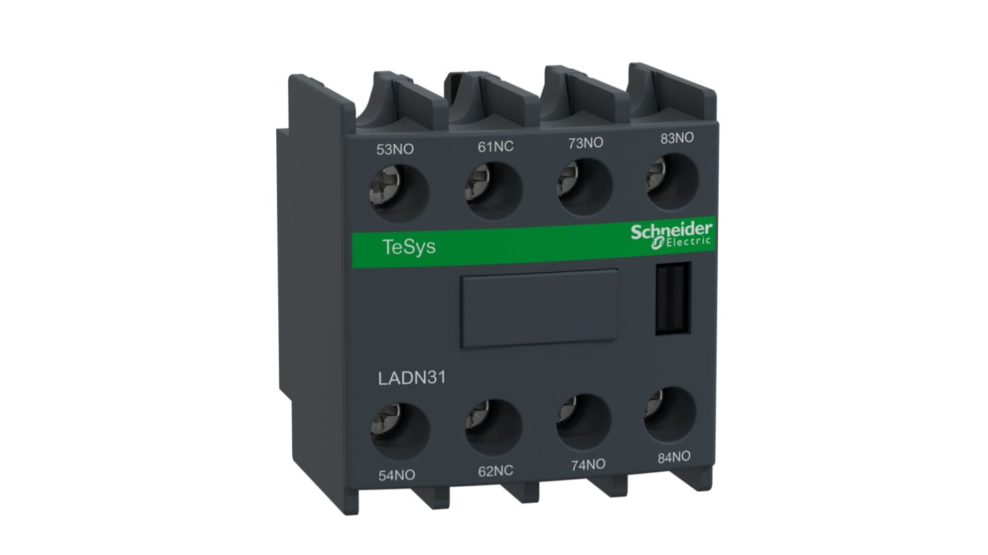 Blocco contatti ausiliari Schneider Electric LADN31, 4 contatti (1NC + 3NO), 10A, montaggio frontale. Affidabile e compatibile con TeSys D, ideale per applicazioni elettriche.