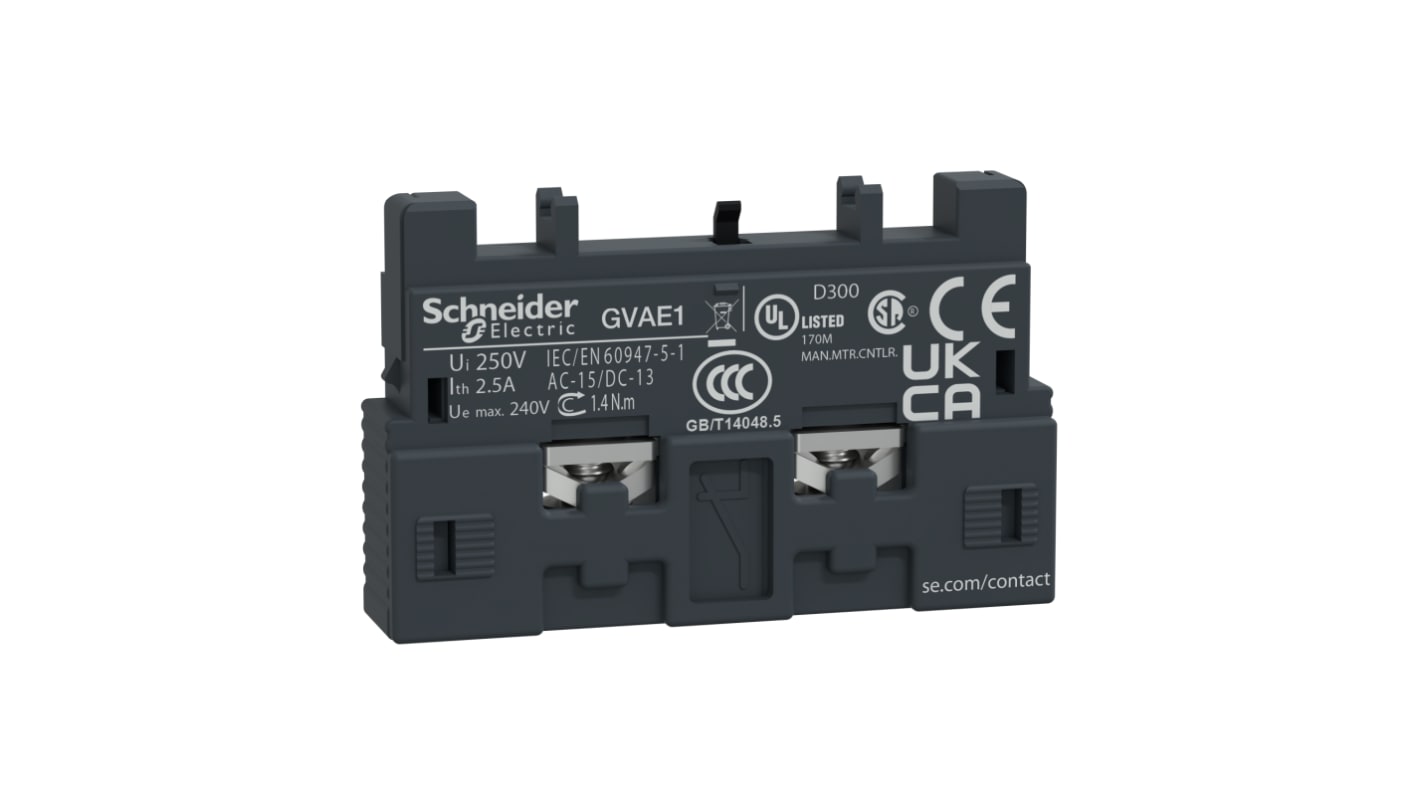 Contatto ausiliario Schneider Electric GVAE1, 2 contatti (1 N/C + 1 N/A), montaggio frontale - Affidabilità e compattezza per circuiti di controllo.