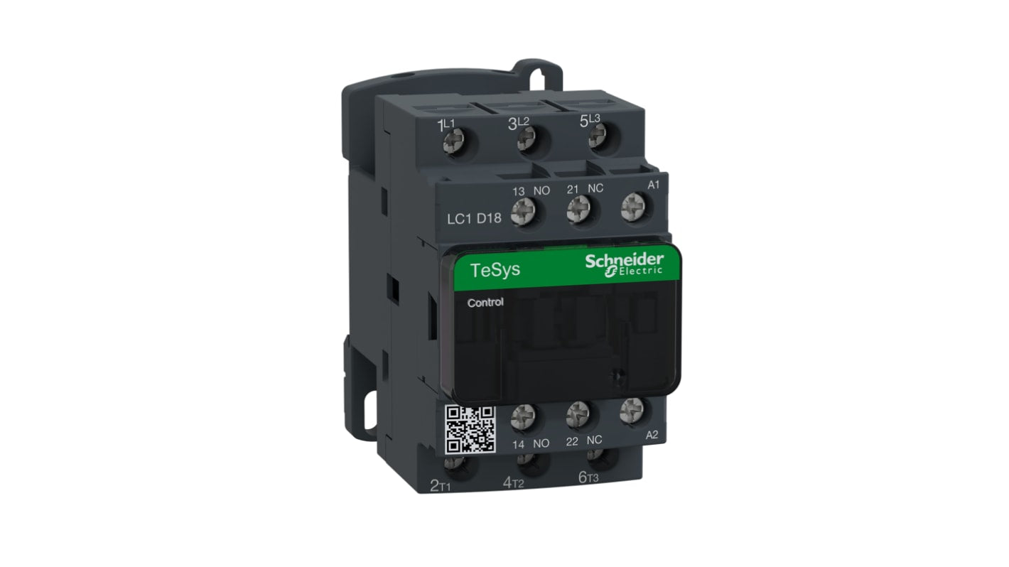 Contattore trifase Schneider Electric LC1D18F7 TeSys Deca, 18A, 7,5kW, 110V c.a. per motori e HVAC. Alta affidabilità e durata.