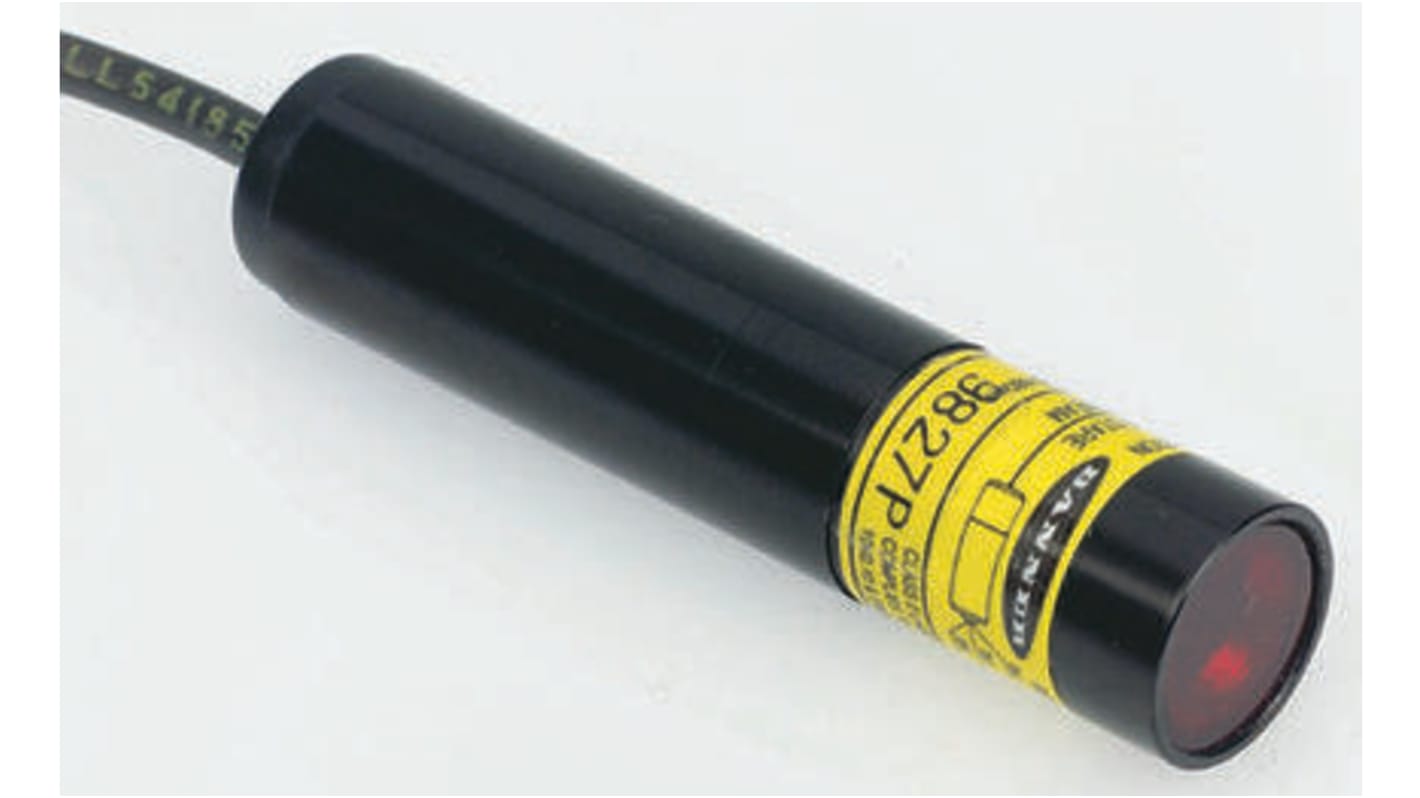 Sensore fotoelettrico cilindrico Banner M126E2LD, trasmettitore laser M12, grado di protezione IP67, lunghezza 57 mm.