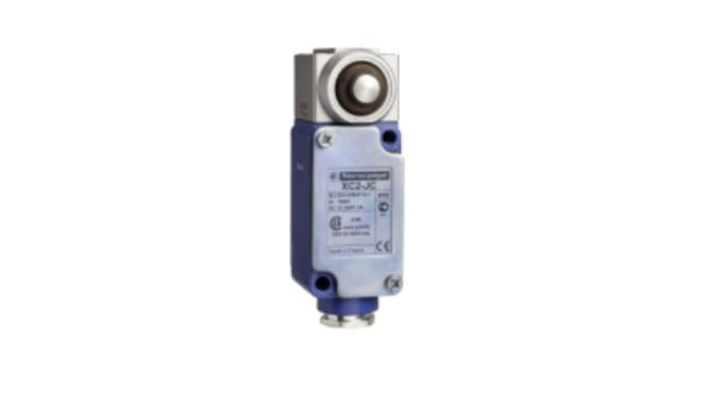 Interruttore di fine corsa Telemecanique Sensors XC2JC163, configurazione NO/NC, custodia metallica, protezione IP65, dimensioni 81x41x40 mm.