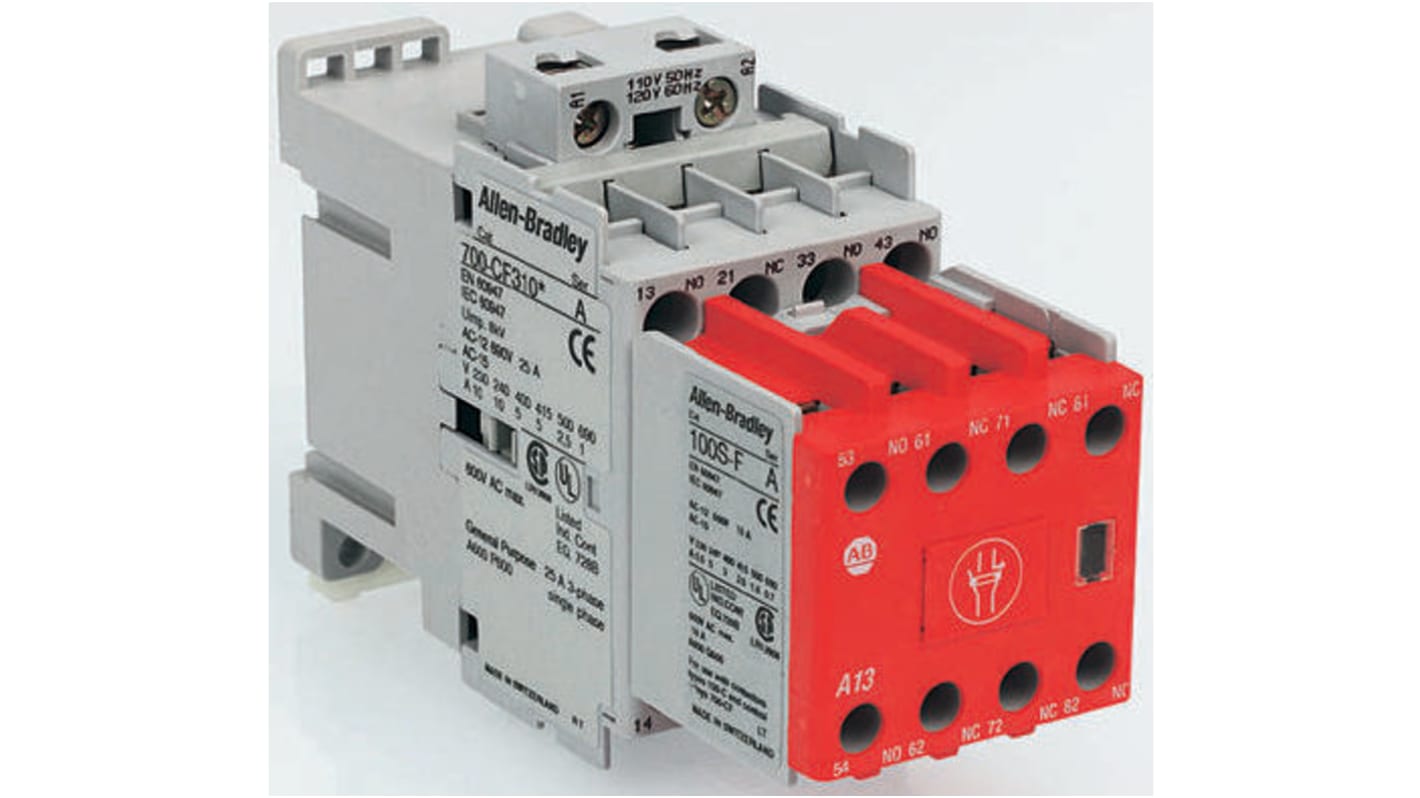 Contattore Allen Bradley 100S-C72DJ22C, 3 poli, 5NO + 2NC, 72 A, 24 V c.c., dimensioni 72x122x156 mm, con copertura protettiva.