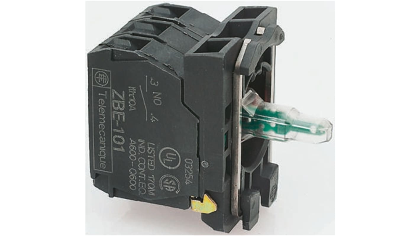 Blocco contatti luminoso Schneider Electric ZB5AW0B11, 1NO, 24V ca/cc, LED universale per visibilità ottimale. Conforme a standard IEC e UL.