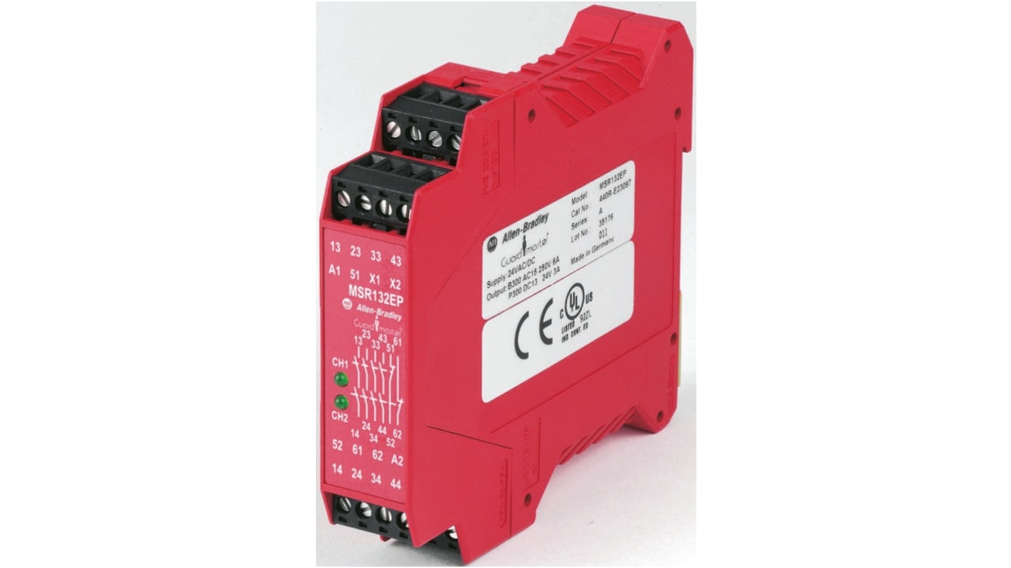 Modulo I/O Allen Bradley Guardmaster 440R-E23097 per guida DIN, 24 V c.c., 1 ingresso, 6 uscite, dimensioni 99 x 22,5 x 114,5 mm.