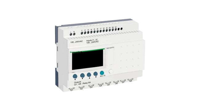 Modulo logico Schneider Electric SR2A201FU per guida DIN, 12 ingressi, 8 uscite relè, dimensioni 124,6 x 107,6 x 59,5 mm.