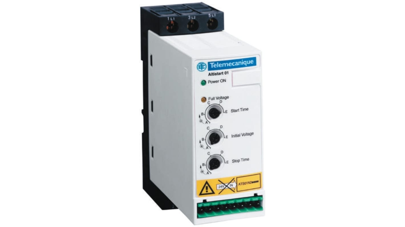 Avviatore soft-start Schneider Electric ATSU01N206LT per motori trifase, potenza 3 kW, dimensioni 113x45x154 mm, grado di protezione IP20.