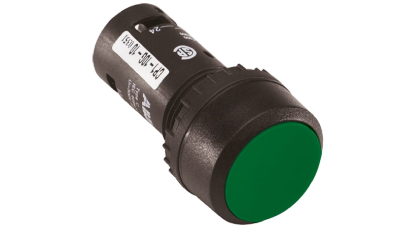 Pulsante DPST verde ABB, montaggio a pannello, diametro foro 22,5 mm, protezione IP69K, temperatura -25/+70 °C.