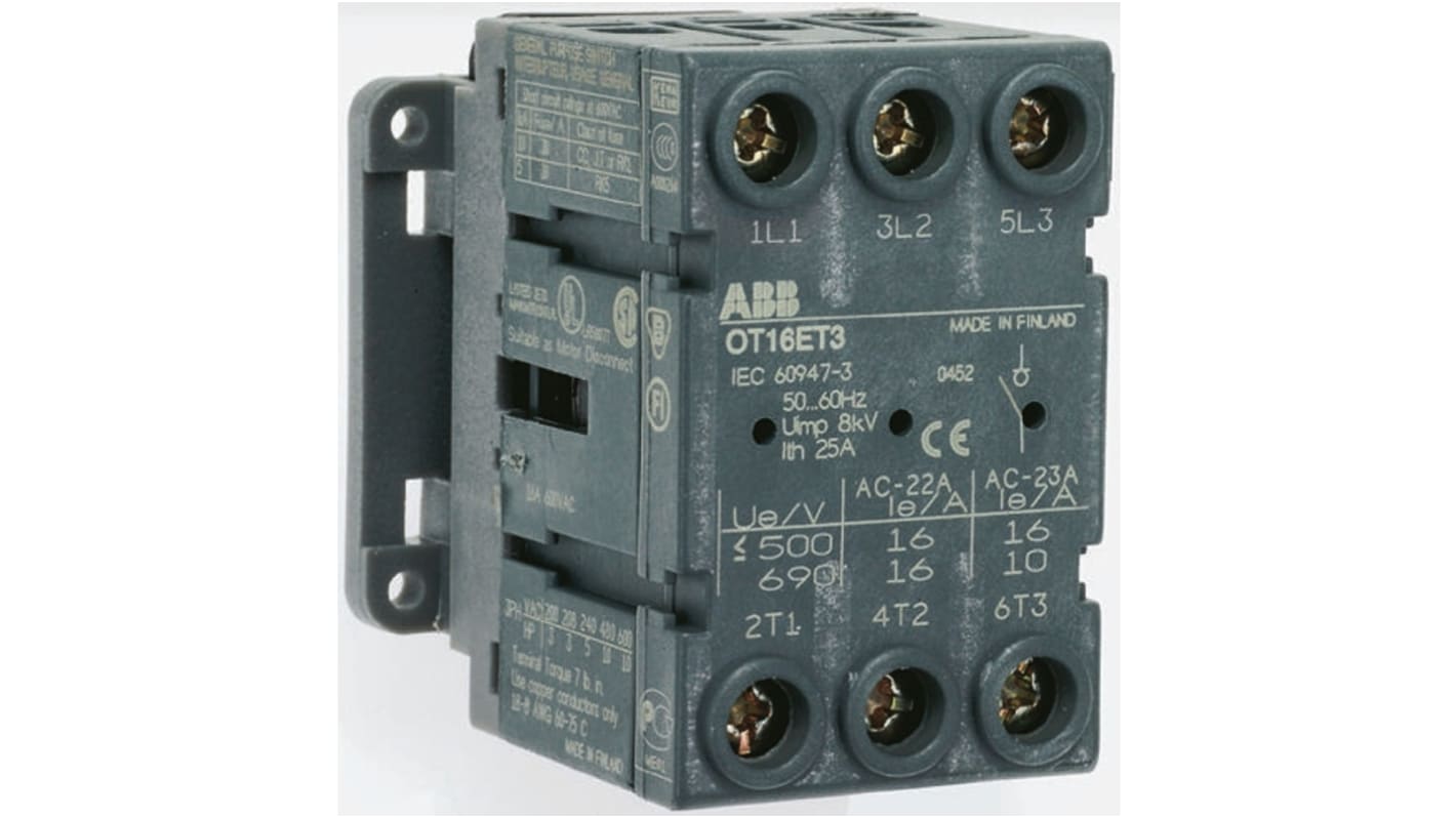 Interruttore di isolamento ABB OT100FT3, tripolare, montaggio a pannello, 100A, 750V, dimensioni 100x70x63mm.