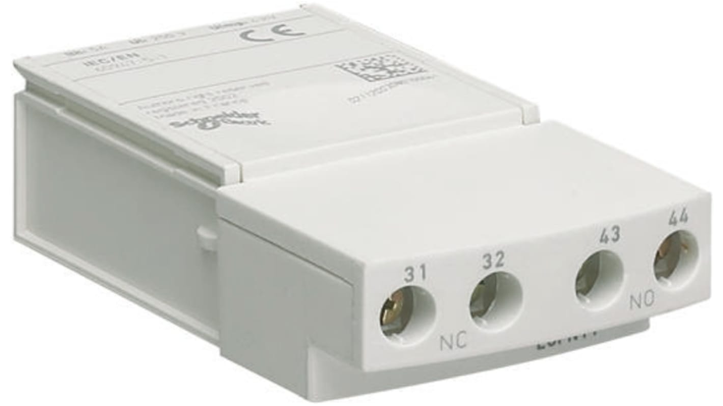 Schneider Electric LUFN02, modulo contatti ausiliari 2 N/C, corrente 5 A, tensione 24-250 V, dimensioni 45 mm, assemblaggio modulare.