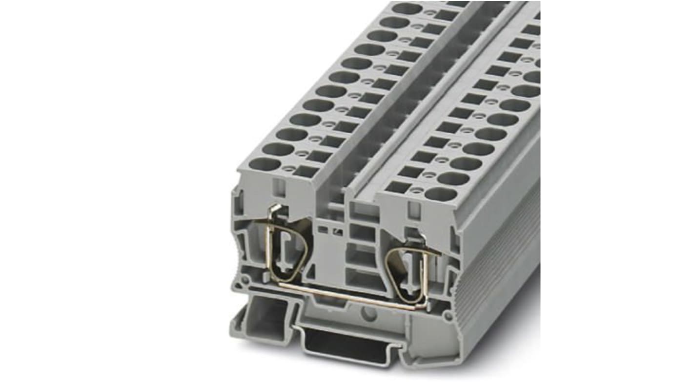 Morsettiera passante Phoenix Contact 3036110 con fusibile e collegamenti a molla per applicazioni ferroviarie. Compatibile con guide DIN, corrente fino a 65A e 400V.