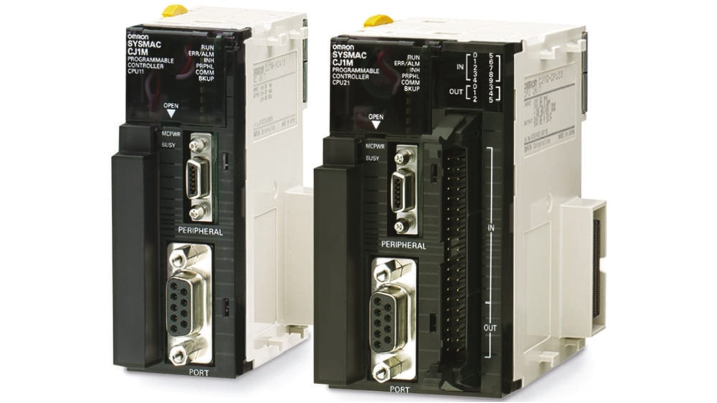 Omron CJ1M-CPU11-ETN, CPU PLC con 640 punti I/O, 2 porte RS-232, montaggio su guida DIN, dimensioni 62 x 95,4 x 73,9 mm.