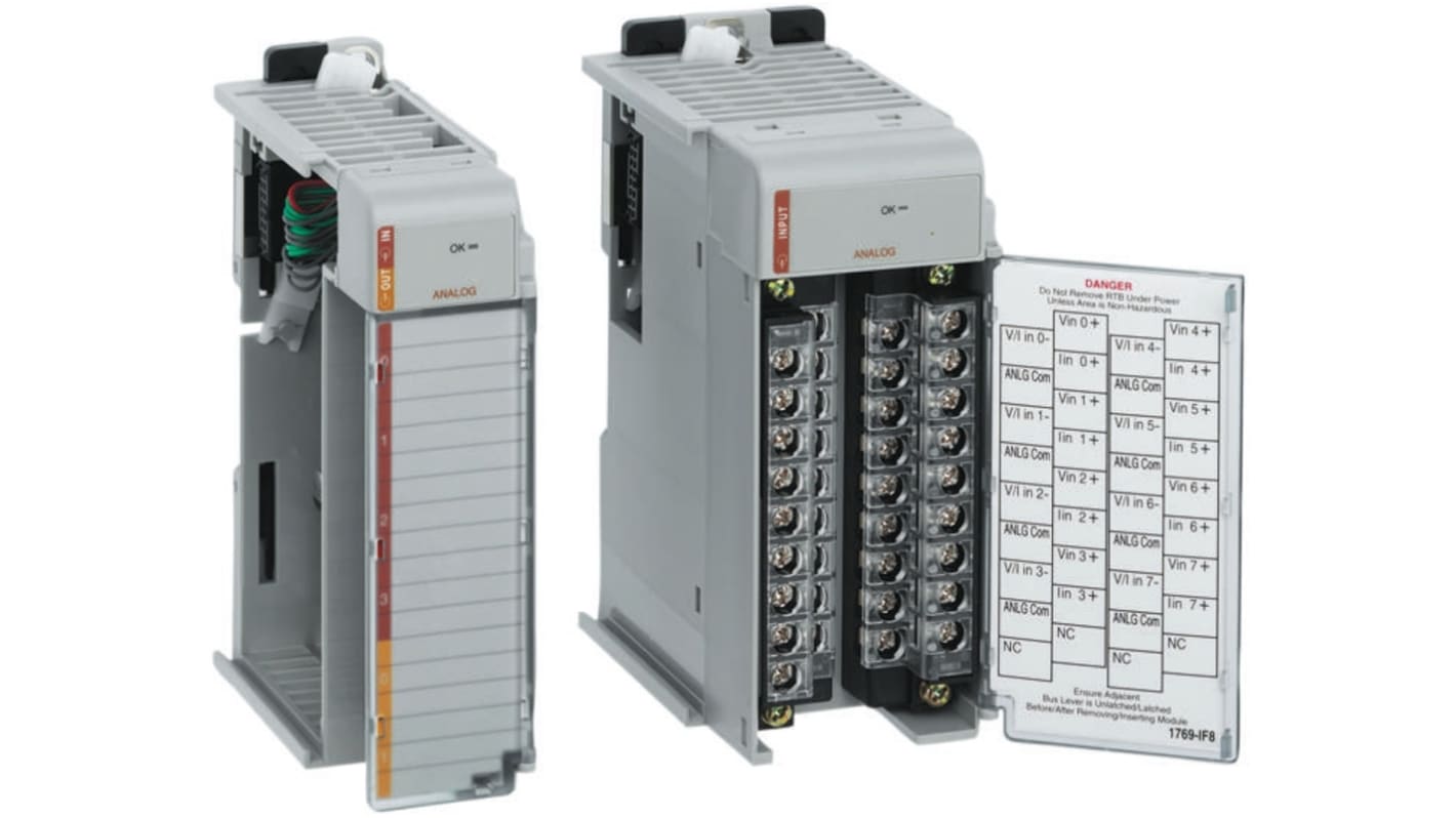 Modulo I/O Allen Bradley 1769-OF8V per MicroLogix 1500, 8 uscite analogiche, design compatto con cablaggio passante.