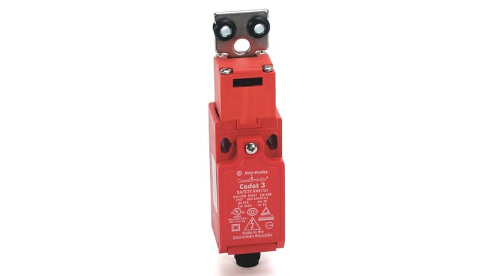 Interruttore di interblocco di sicurezza Allen Bradley Guardmaster 440K-C21096, con 3 contatti NC, azionamento a chiave e grado di protezione IP67. Dimensioni 90,5mm x 31mm x 30,4mm.