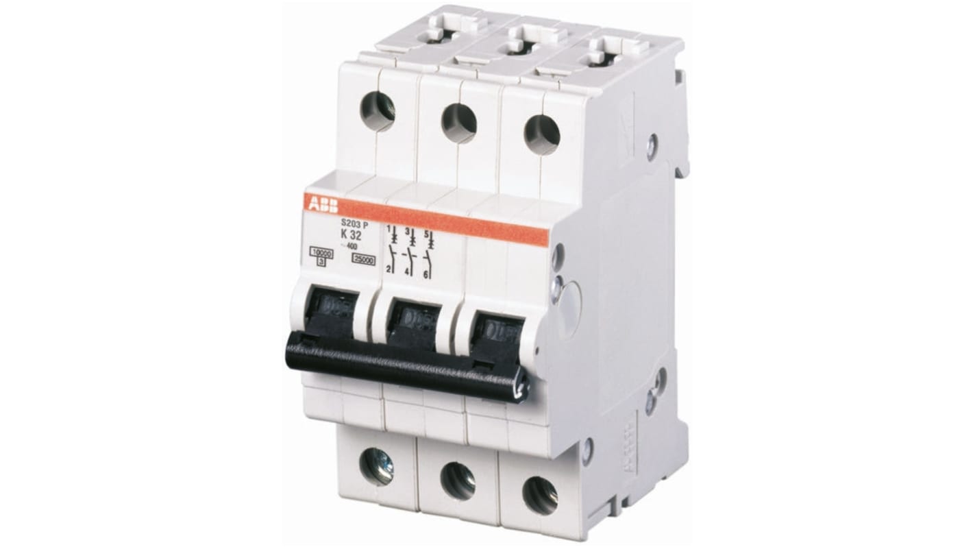 Interruttore magnetotermico ABB S203-K63, 3 poli, 63A, montaggio su guida DIN, conforme a BS EN 60898.
