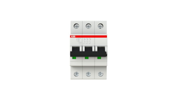 Interruttore magnetotermico ABB S203M-C20, 3 poli, 20A, montaggio su guida DIN, dimensioni 88 x 52,5 x 69 mm.