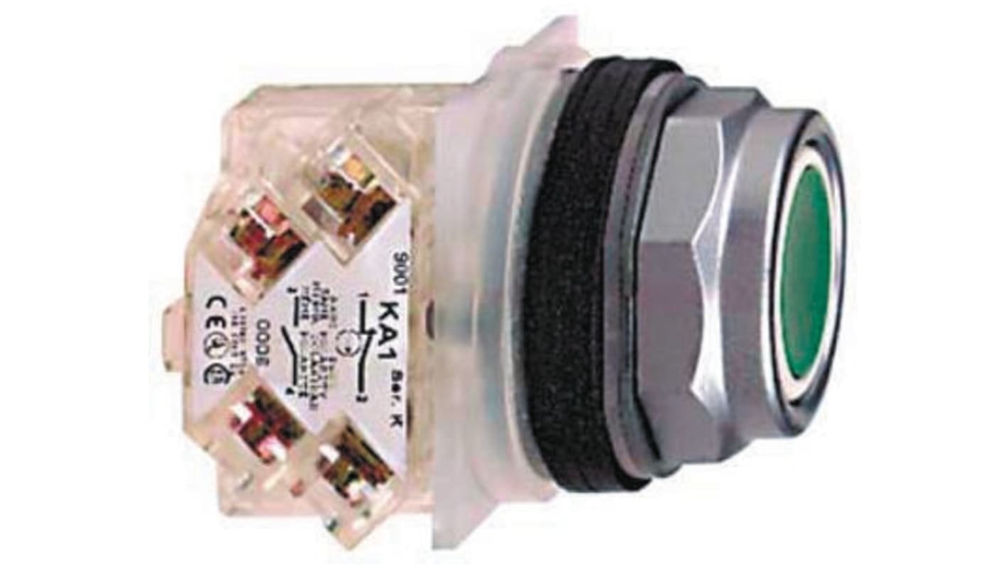 Pulsante Schneider Electric 9001KR1GH13, rotondo verde, contatto a rottura lenta, IP66, azionabile da qualsiasi posizione.