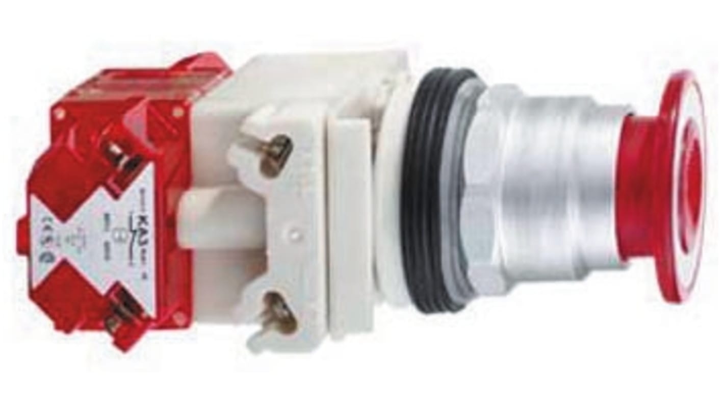 Pulsante rosso Schneider Electric 9001KR9RH6, testa a fungo 1NC, IP66, diametro 41mm, montaggio con ghiera ottagonale.