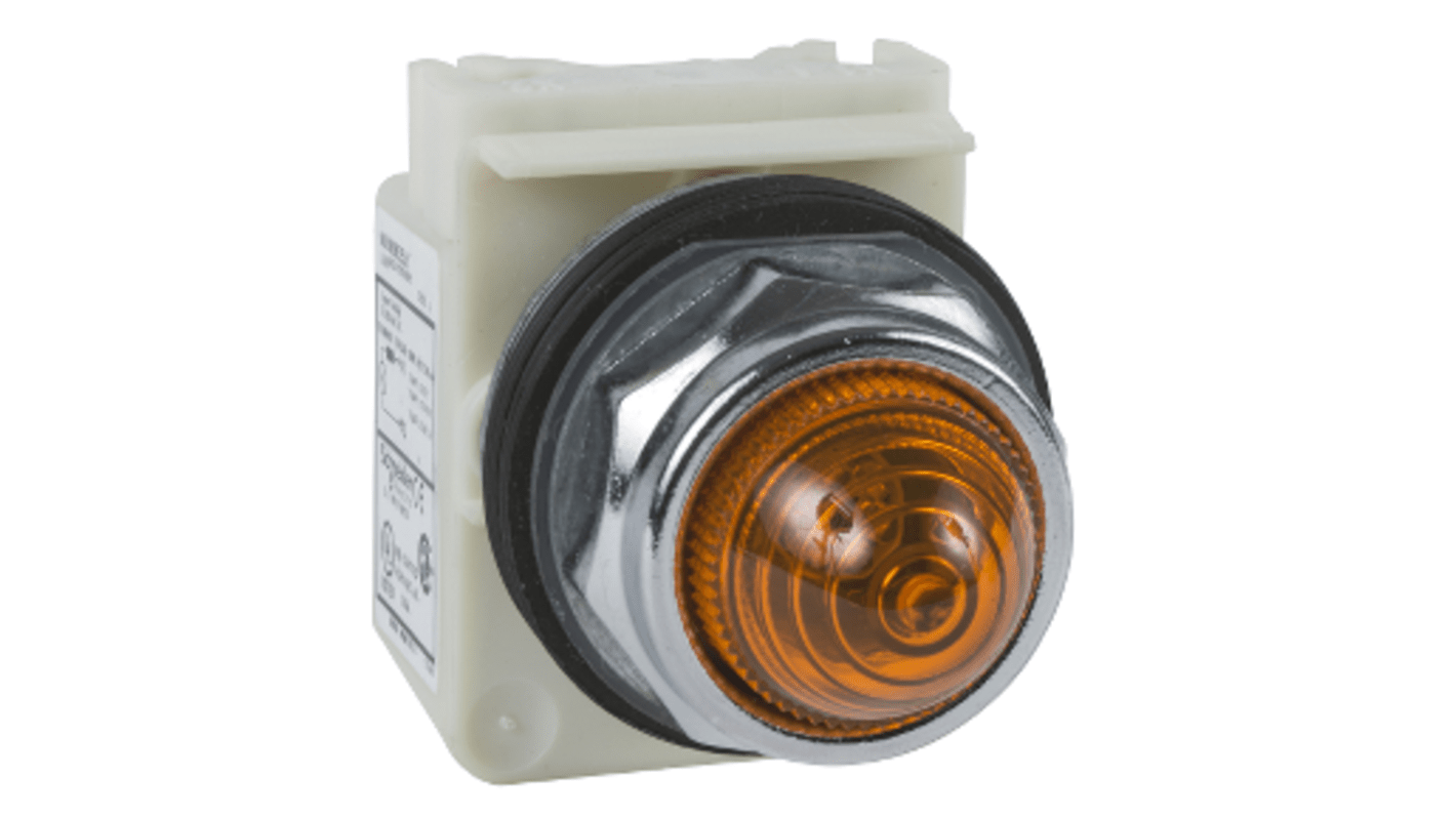 Spia LED arancione Schneider Electric 9001KP35LYA9, foro 30 mm, IP66, 24 V/120 V, montaggio BA9s, conforme a standard IEC e UL.