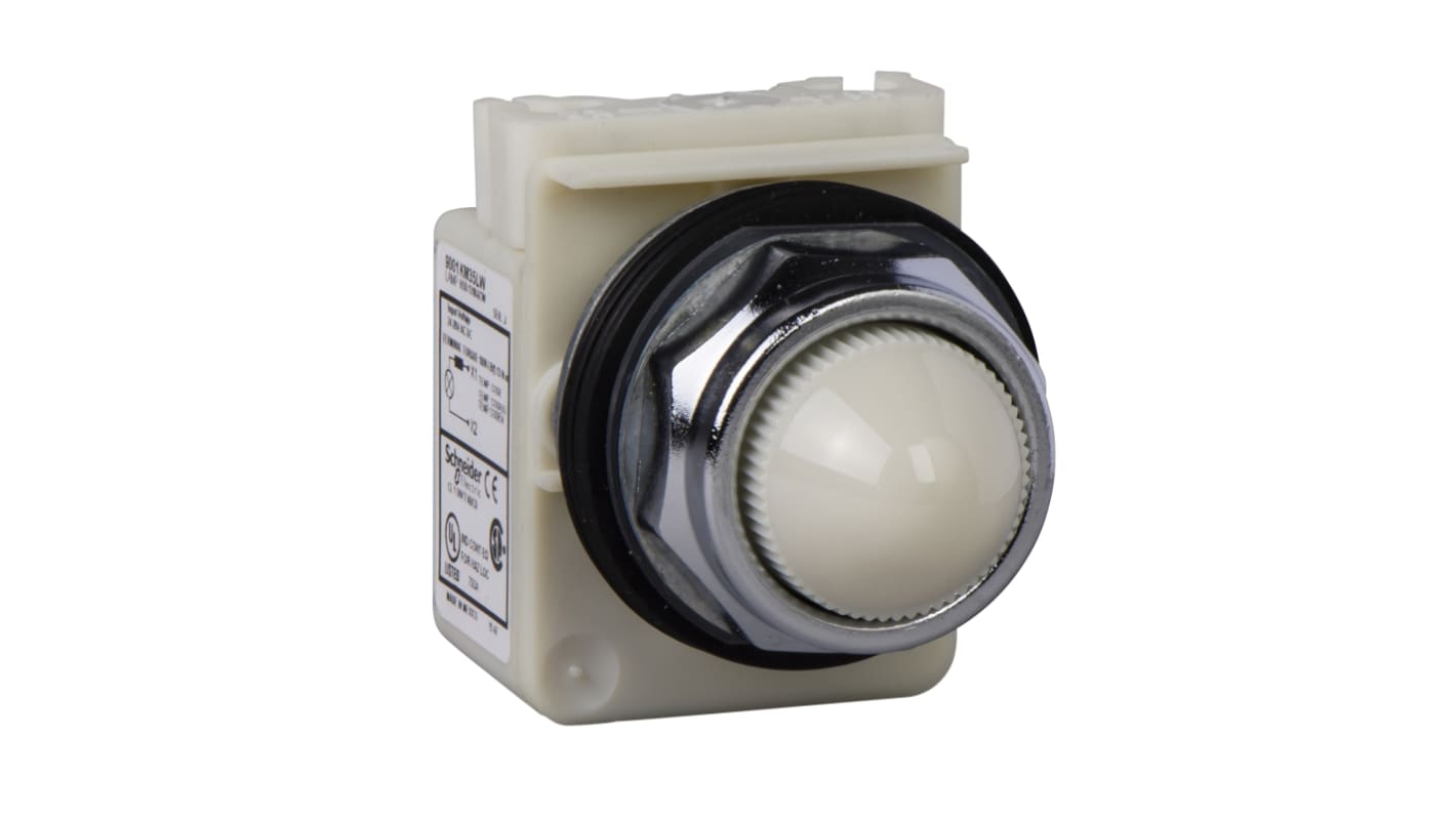 Spia LED bianca Schneider Electric 9001KP38LWW9, foro 30 mm, IP66, montaggio BA9s, alimentazione 24 V o 120 V.