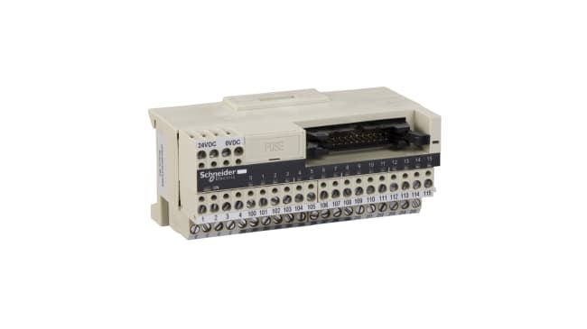 Modulo I/O Schneider Electric ABE7H16C21, 16 canali, montaggio su guida DIN, alimentazione 19-30 V, contenitore robusto.