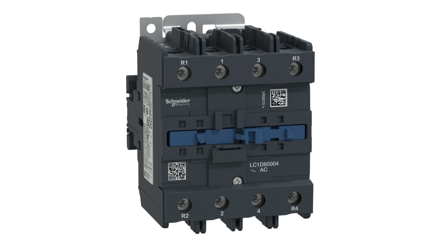 Contattore Schneider Electric LC1D80004P7, 4 poli, 125 A, montaggio su pannello, dimensioni 127x96x181 mm.