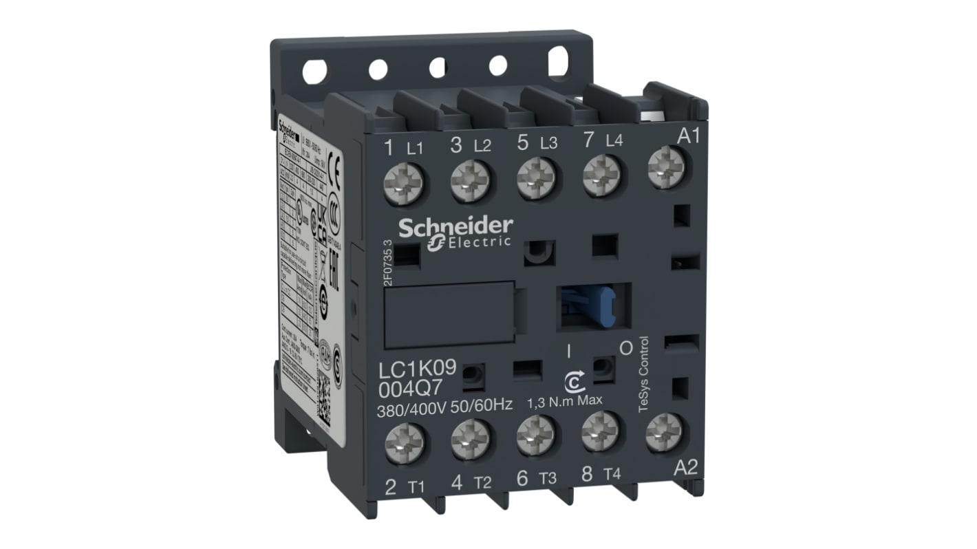 Contattore 4 poli Schneider Electric LC1K09004P7, 20 A, 230 V c.a., montaggio su guida DIN, dimensioni 58 x 57 x 45 mm.