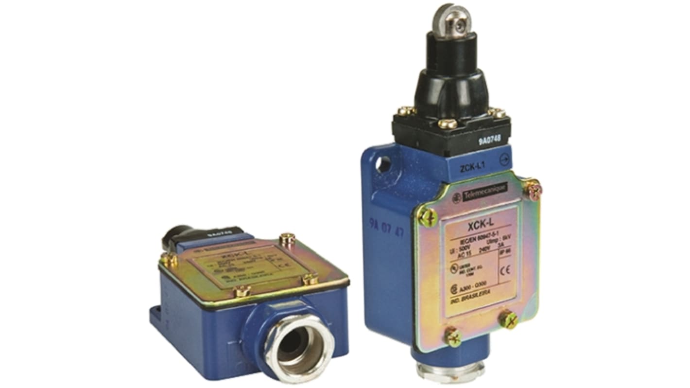 Interruttore di fine corsa Telemecanique Sensors XCKL102, stantuffo NO/NC, protezione IP66, dimensioni 72mm x 52mm x 30mm.