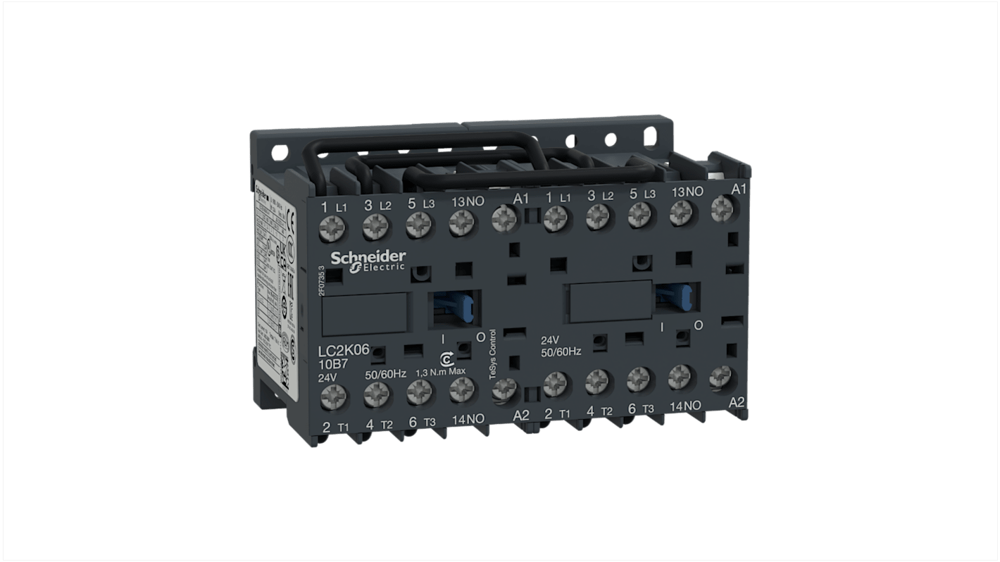 Teleinvertore reversibile Schneider Electric LC2K0610B7, 3 poli, 6 A, montaggio su guida DIN, dimensioni 73.15 x 90 x 56.8 mm.