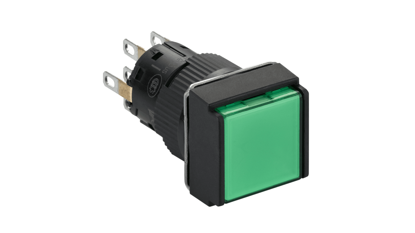 Pulsante DPDT illuminato verde Schneider Electric XB6ECW3B2P, montaggio a pannello, IP65, 24 V c.c., diametro foratura 16 mm.