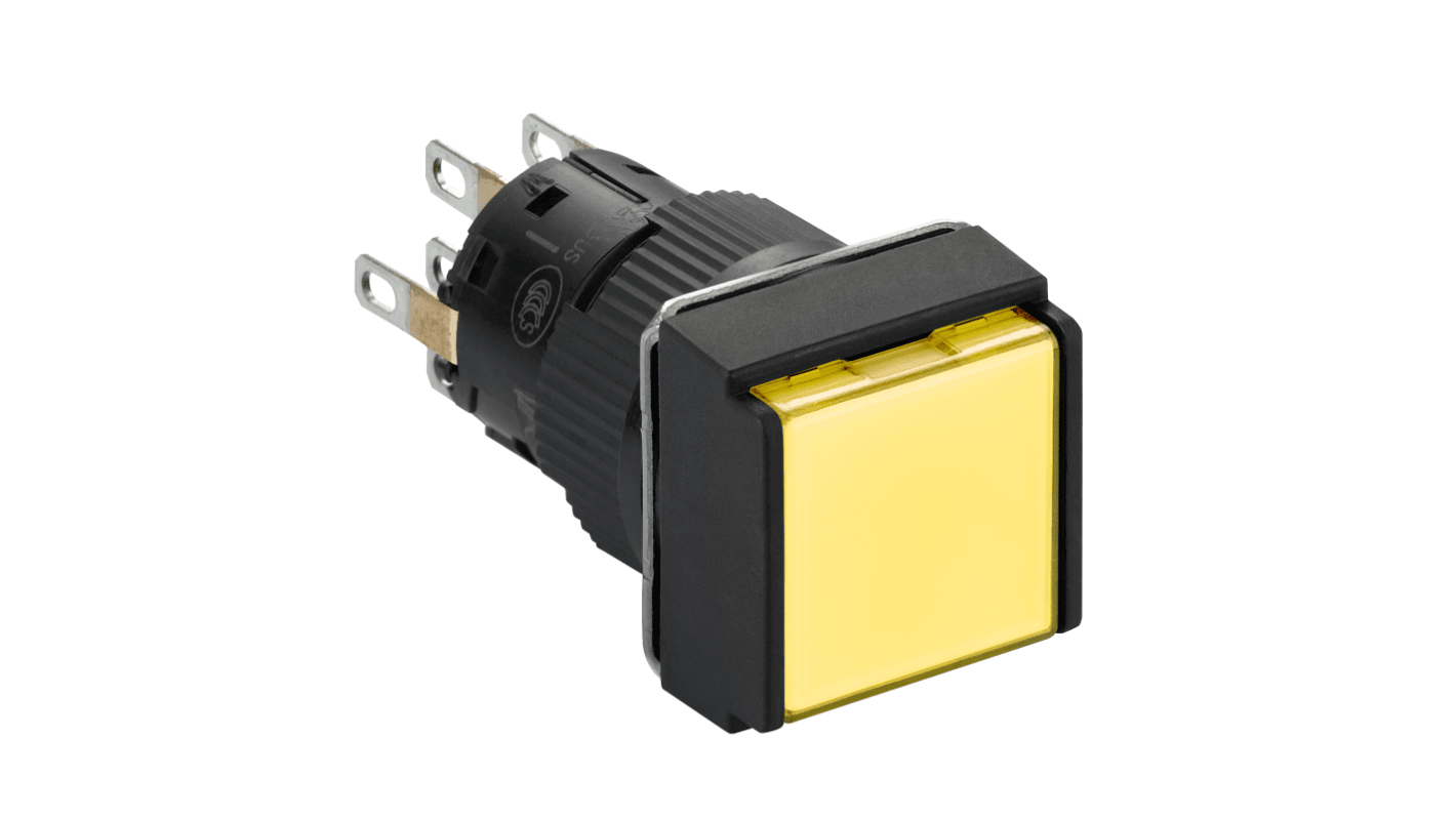 Pulsante DPDT illuminato Schneider Electric XB6ECW5B2P, montaggio a pannello, IP65, testa quadrata gialla, diametro 16 mm.