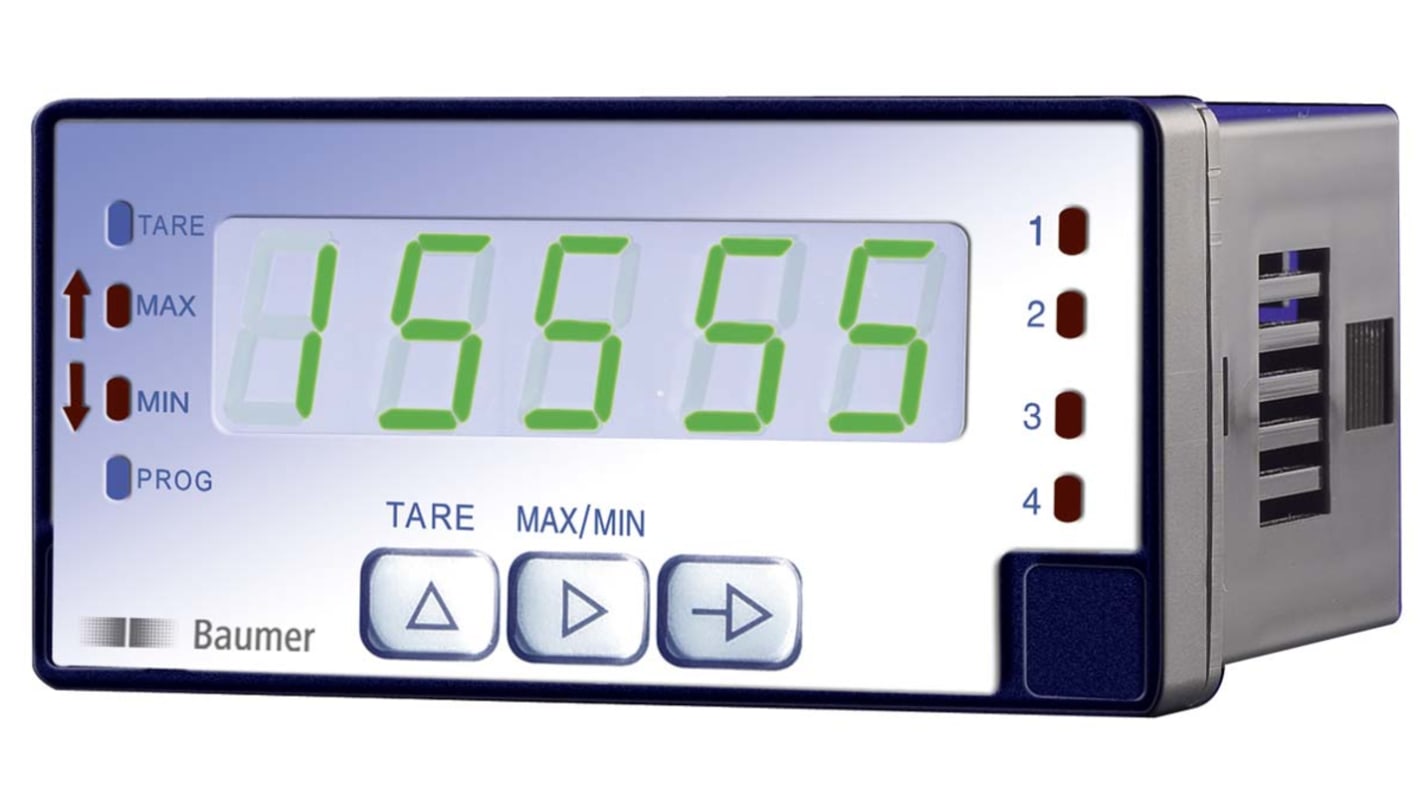 Misuratore digitale multifunzione Baumer PA418.015AX01, formato 48 x 96 mm, display LED a 3 colori, programmabile per vari parametri.