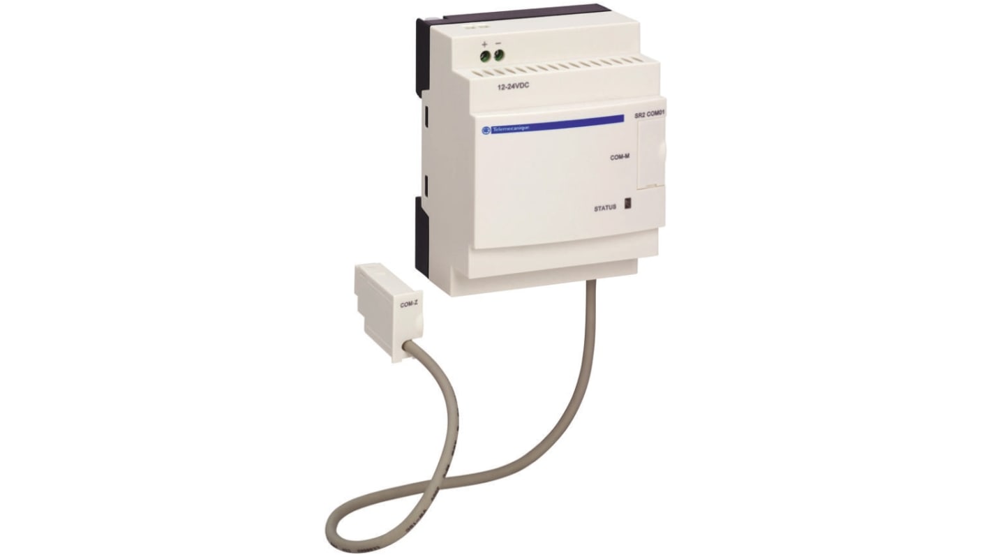 Modulo I/O PLC Schneider Electric SR2COM01 Zelio Logic per monitoraggio remoto e controllo di pompe, illuminazione e sistemi HVAC.