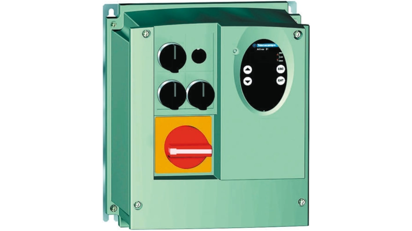 Inverter trifase Schneider Electric ATV31CU75N4ZH28, 7,5 kW, montaggio a parete, IP55, dimensioni 320x276x512 mm.