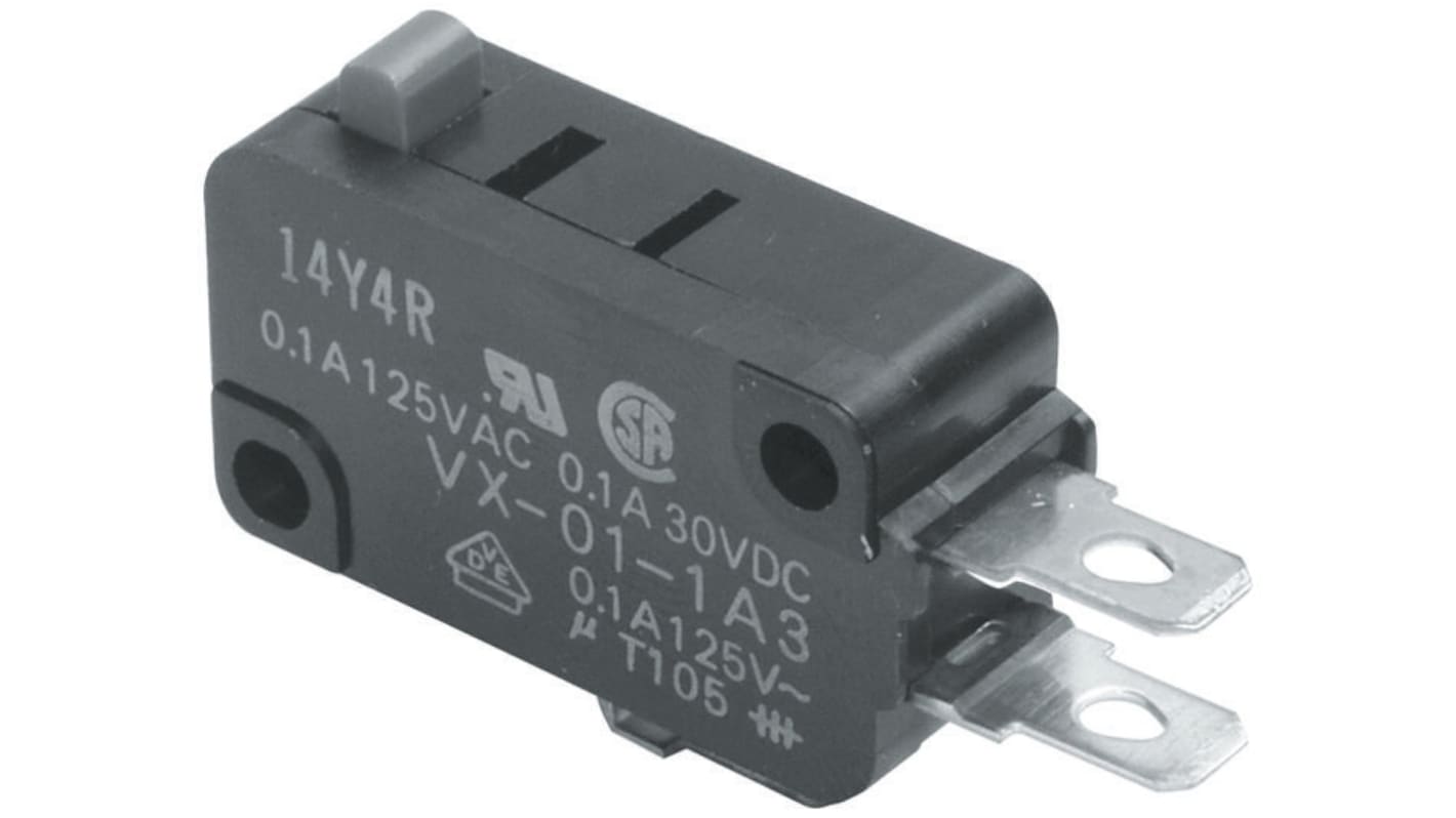Microinterruttore SPDT Omron VX-5-1C23, corrente 5 A a 250 V, protezione IP40, forza di azionamento 0,49 N.