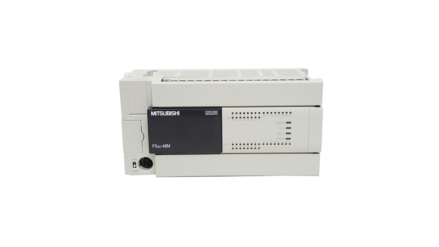 Modulo logico Mitsubishi Electric FX3U-48MT/DSS, unità CPU con 24 I/O, montaggio su guida DIN, dimensioni 182 x 90 x 86 mm.
