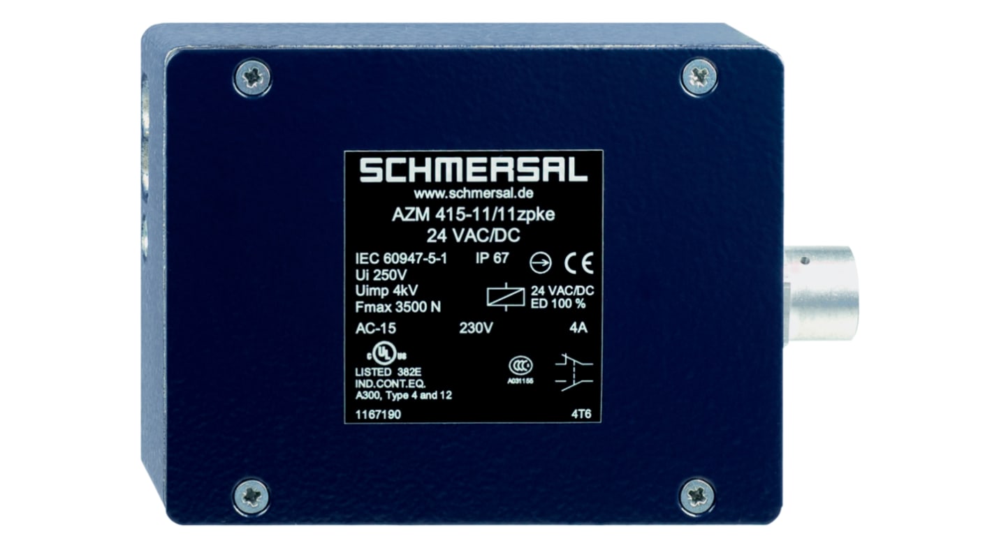Interruttore di interblocco a solenoide Schmersal AZM415-11/11 ZPKE, 24V, custodia metallica, grado di protezione IP67, dimensioni 100x130x46,5mm.