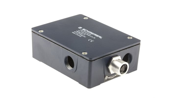 Interruttore di interblocco a solenoide Schmersal AZM415-11/11 ZPKE, 24V, custodia metallica, grado di protezione IP67, dimensioni 100x130x46,5mm.