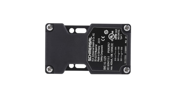 Interruttore di sicurezza Schmersal BNS16 12ZV, M12, contatti 2NO/NC, grado di protezione IP67, dimensioni 90mm x 52mm x 38.5mm.